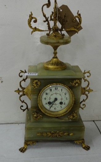 Green Marble/Alabaster ornate Mantel Clock with enamel face with scrolled metal finials, on paw