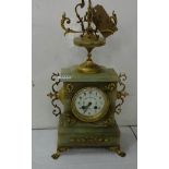 Green Marble/Alabaster ornate Mantel Clock with enamel face with scrolled metal finials, on paw