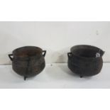Similar pair of Antique Cast Iron Skillet Pots, each 10cm h (one foot replaced) (2)