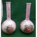 Matching Pair of early 20th C Bulbous-Shaped Vases with narrow tall necks, pink ground with floral