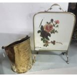 Brass mounted mirror front Fire Screen & a Brass Coal Scuttle (2)