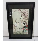 20th C Chinese silk work Picture wading birds in a landscape with red seal mark, 27" x 15" housed