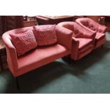 Edw 2-seater Settee, tub shaped, on casters, covered with pink velour fabric (2 loose cushions) & a