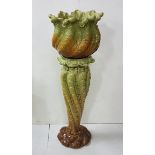 Large Victorian green & yellow glazed relief decorated pottery Jardinière and Stand, 1.08m h (