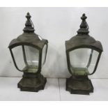 Matching Pair of Tin Lanterns, on plinths, bronze finish, 4 shaped glass sides on a serpentine