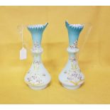 Matching Pair of Victorian ewer shaped Blue Vases, opaline glass, floral décor, clear glass handles,