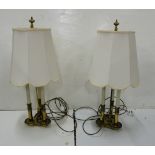 Matching Pair of brass 3 light table lamps in the form of candles with matching shades, 30" high,
