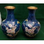 Pair of blue ground cloisonne floral patterned club shaped Vases, 27cm x 11cm (2)