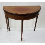 Edwardian mahogany inlaid cross banded demi lune Foldover Card Table on tapered legs, 85cm w x