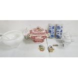2 Pairs of Wall Vases – one Quimper, one blue/white, 2 x small teapots, Mason tureen etc (shelf)