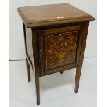 Mahogany Bedside Cabinet, marquetry inlaid door, square legs, 78cm h x 48cm w