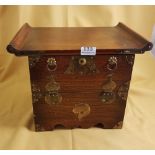 Small Chinese Table Top Cabinet, hinged fold front door, exposed brass hinges, 38cm w x 30cm h