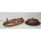 Antique oval Copper Meat Platter with lid, 45cm w and 19th century oval copper & a brass wall