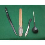 Sorrento ware page turner - featuring an inlaid boy, ebony letter opener, African spoon with a