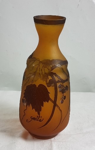 Galle design Bottle neck Vase, brown glaze with leaf patterns, signed (origin unknown) 22cm w x