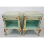 Matching pair of green painted wooden lockers, with gold painted highlights, single drawers over