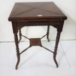 Edwardian mahogany Envelope Card Table on turned and reeded legs, 59cm sq top, 75cm h