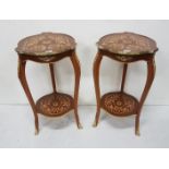 Matching pair of Continental walnut Occasional Tables with marquetry design top and stretcher