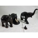 3 x small ebony Elephants, one with ivory tusks, (one with damaged foot), from 8cm - 11cm h (3)