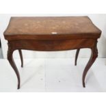 Late 19thC French Walnut Card Table, the marquetry inlaid and serpentine shaped top folding over to