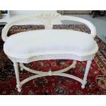 Low Sized and curved window seat, painted cream with padded seat, on turned legs, 95cm w