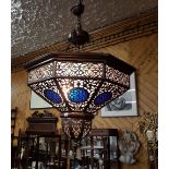 Large Copper anodised and gilt metal Oriental style Ceiling Light, stepped octagonal shape, 85cm w,