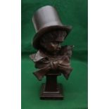 Victorian style Head and Shoulders Portrait Bust of a child wearing a top hat raised on square