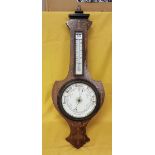 Edwardian inlaid rosewood Banjo Barometer, of shield shape with thermometer and ceramic dial, 85cm