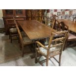 Reproduction oak refectory style Dining Table (made by Webber, UK) raised on carved baluster end