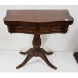 Regency replica mahogany Foldover Card Table with two drawers, on pod base, 76cm w x 78cm h