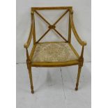 Antique Inlaid Satinwood Elbow Chair, floral padded seat, with cross framed back