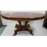 Fine Reproduction mahogany finish Centre Table, the oval top with segmented mahogany design, gold