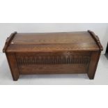 Mid 20th C Oak Blanket Chest with hinged lid and carved front panel, 1.05m w x 50cm h