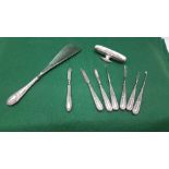 8 piece Italian silver handled manicure set including a buffer and a silver plate handled shoe