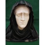 Carved Marble Facial Bust of a Thoughtful Woman, in a sculptured wooden cowl (ebonised), possibly