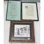 3 x Yeats themed framed pictures – one ink Etching of Sligo, signed B McDonagh, 33 x 39cm in gilt/