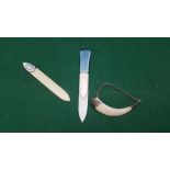 A group of accessories – 2 ivory bookmarks with enamel tops, an ornamental miniature ivory tusk (“