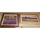 3 Landscapes - Eastern Mosque by A Fletcher (oleograph), Print “Fields of Gold” by J Weins,