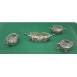 3- piece ornate Italian Silver Condiment Set, on scrolled feet, with raised glass liners (incl. 1