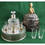 Vintage silver plated novelty Liquor Stand, 6 cut glass liquor glasses and decanter in stand with