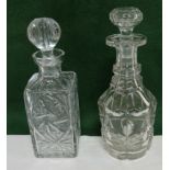 Two 19thC heavy Cut Glass Decanters - one square whisky Decanter with facet cut sides and stopper