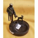 Cold painted bronze Figure of a pheasant hunter with dog on a circular marble tray, after