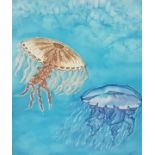 Anne Horgan - Jellyfish, Hand painted on silk, Signed, lower right, Framed, 26x27 (frame size)