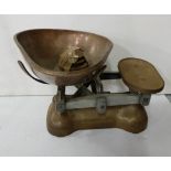 Metal Shop Counter Scales with copper pan, 5 graduating weights & a metal paper press (3)