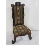 19thC Chinese black Lacquer Side Chair, inlaid with mother of pearl, berlin woolwork covered back