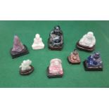 Collection of miniature laughing Buddha Figurines, amethyst, possibly jade etc, some on stands, 5cm