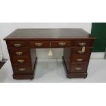 Kneehole Pedestal Writing Desk with a green tooled leather top, 1.2cmw x 71cm h