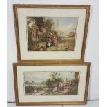 2 x colour framed prints – children by a stream and flower picking, in similar gold frames (2)
