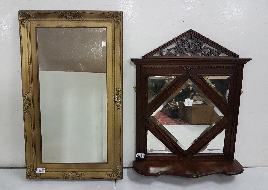 2 wall mirrors – 1 gilt framed and bevelled, & 1 mahogany framed with a shelf (2)