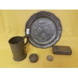 5 Pieces of Antique Pewter – a tankard, armorial dish stamped “Etian Legal” & 3 small hinged